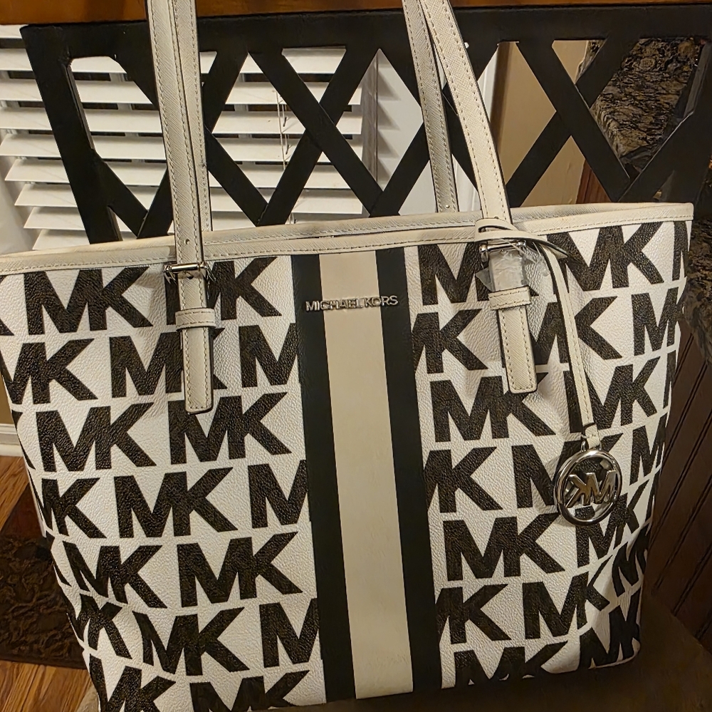 Michael Kors Black and White MK Signature Stripe Tote